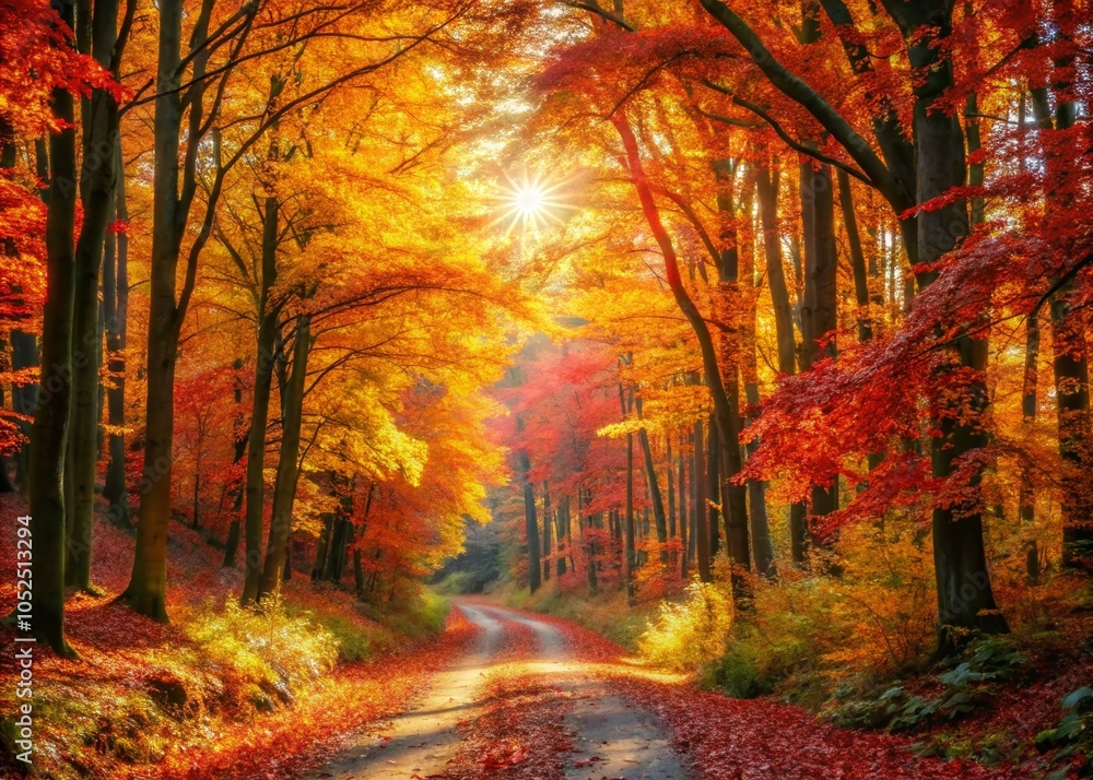 Fototapeta premium Vibrant Autumn Pathway in a Forest Surrounded by Colorful Leaves