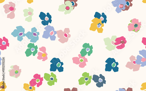 Seamless floral pattern based on traditional folk art ornaments. Colorful flowers on color background. Scandinavian style. Sweden nordic style. Vector illustration. Simple minimalistic pattern