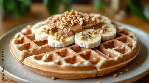 Delicious banana peanut butter waffle breakfast with honey and nuts photo