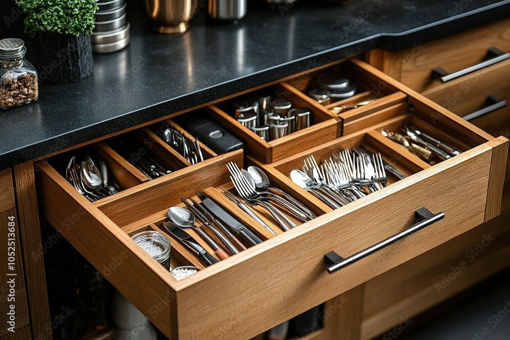 Open wooden drawer with neatly organized silverware in modern kitchen. Open wooden drawer with neatly organized silverware in modern kitchen.