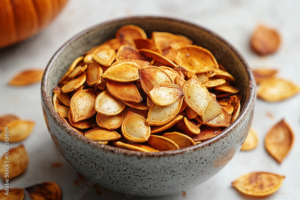 Roasted pumpkin seeds in a bowl with dried fall leaves scattered around. Roasted pumpkin seeds in a bowl with dried fall leaves scattered around.