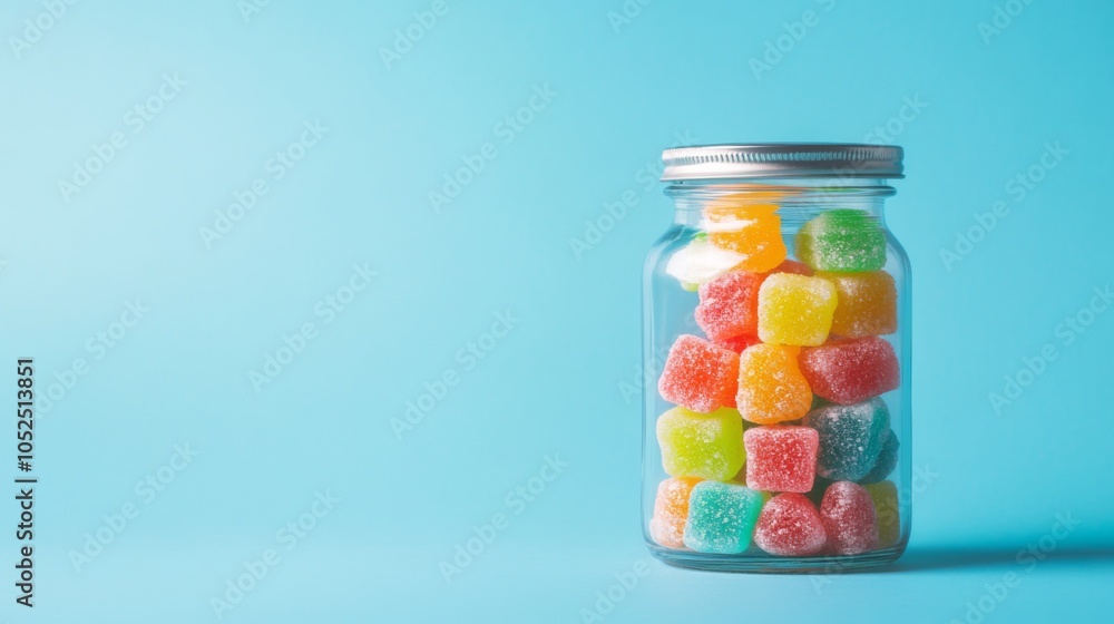 Colorful Gummies in Glass Jar on Blue Background Colorful Gummies in Glass Jar on Blue Background