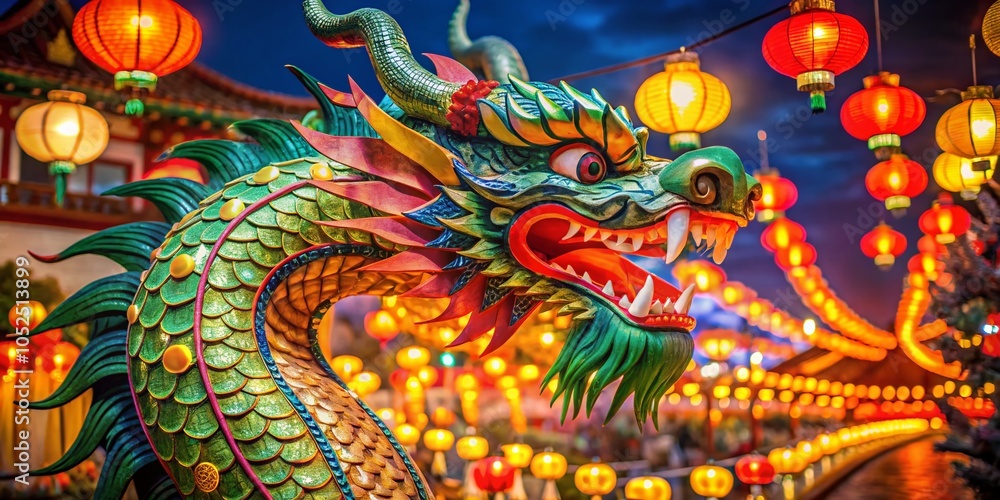Obraz premium Vibrant Chinese Dragon Close-Up with Lanterns - Festival Decoration