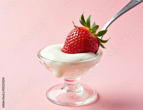 strawberry close-up in a glass saucer yogurt sour cream