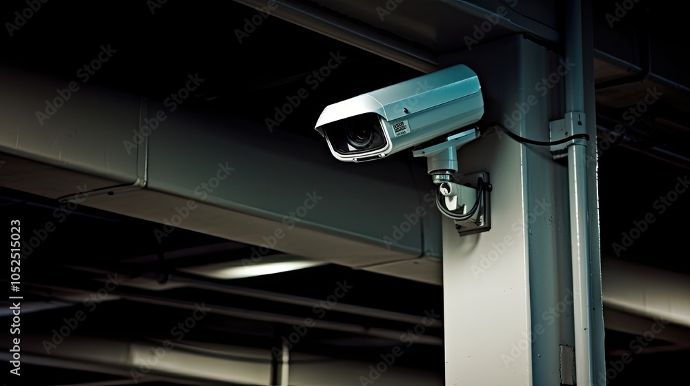 A surveillance camera watches vigilantly over a dimly lit parking area, ensuring safety and security. A surveillance camera watches vigilantly over a dimly lit parking area, ensuring safety and security.