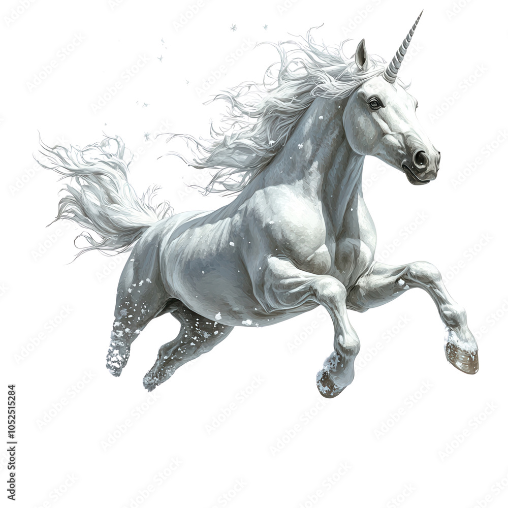Obraz premium A majestic unicorn leaps gracefully through a magical forest, embodying beauty and wonder with its flowing mane and shimmering horn.