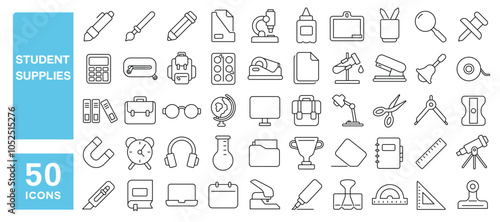 Set of 50 line icons related to student supplies, paper, book, pen, pencil, backpack, paints, ruler, calculator, brush, glue, Editable stroke. Vector illustration