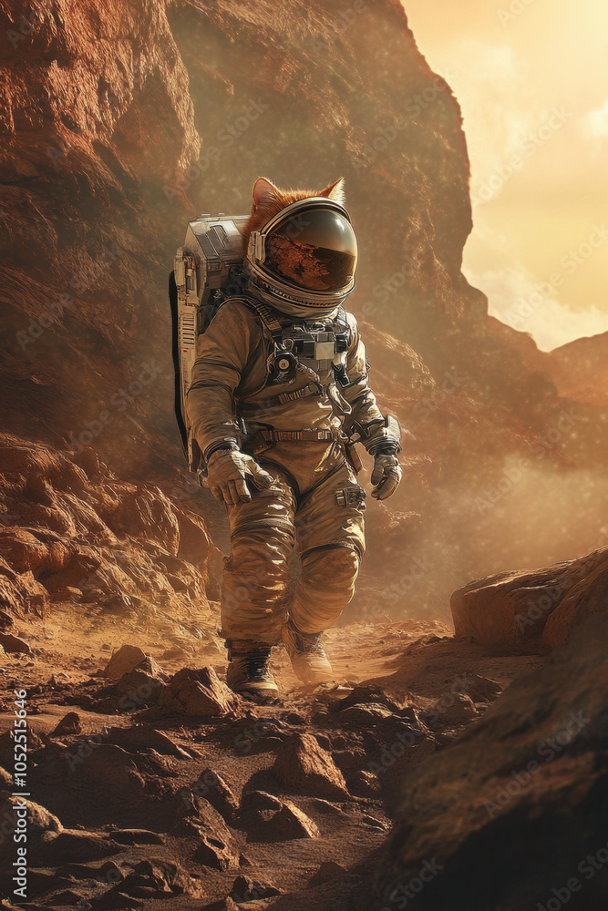 curious cat astronaut explores desolate Martian landscape, his orange fur contrasting with red dust curious cat astronaut explores desolate Martian landscape, his orange fur contrasting with red dust