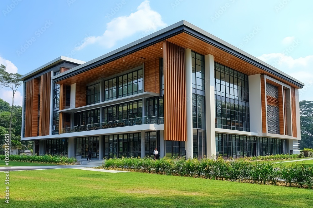 A modern building with a sleek design, featuring wood paneling and expansive windows, stands majestically on a lush green lawn. A modern building with a sleek design, featuring wood paneling and expansive windows, stands majestically on a lush green lawn.
