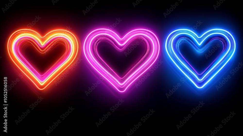 Three neon hearts in vibrant colors against a dark background, symbolizing love and affection.