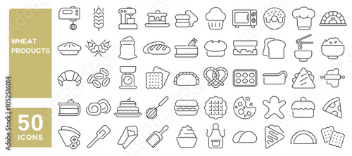 Set of 50 line icons related to wheat products, bread, toast, loaf, lavash, croissant, cake, donut, pancakes, cupcake, oven, flour, Editable stroke. Vector illustration