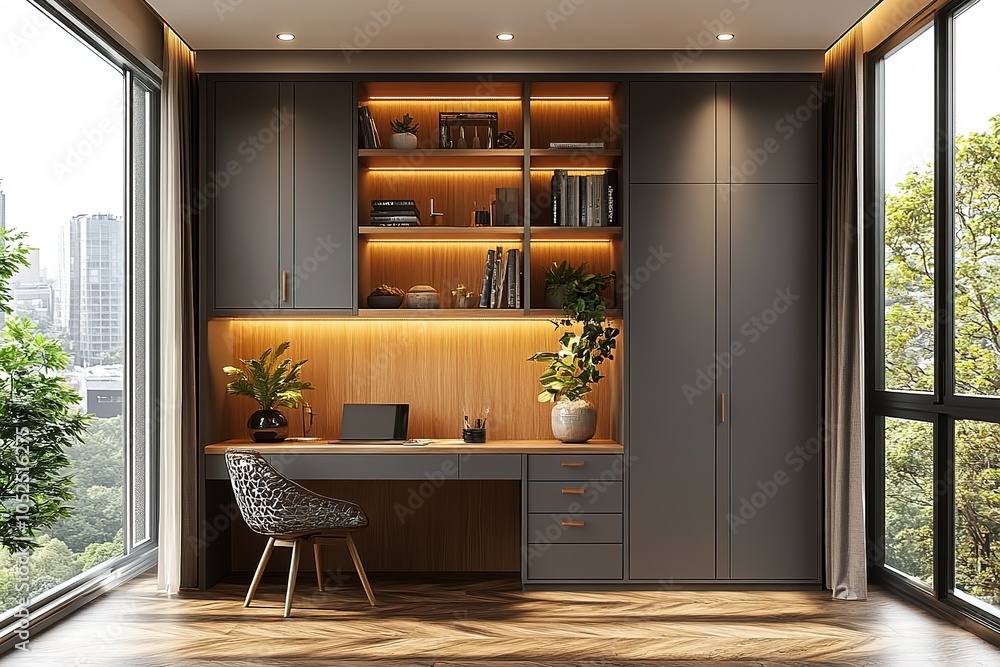 A modern and sleek home office bathed in warm, inviting light with views of nature. A modern and sleek home office bathed in warm, inviting light with views of nature.