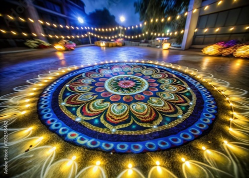 Vibrant Long Exposure of Colorful Rangoli Art for Festive Celebrations