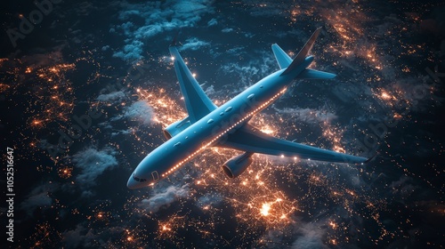A diagonal view of an airplane flying above a tapestry of shimmering city lights, illustrating the harmony between human achievement and natural beauty.