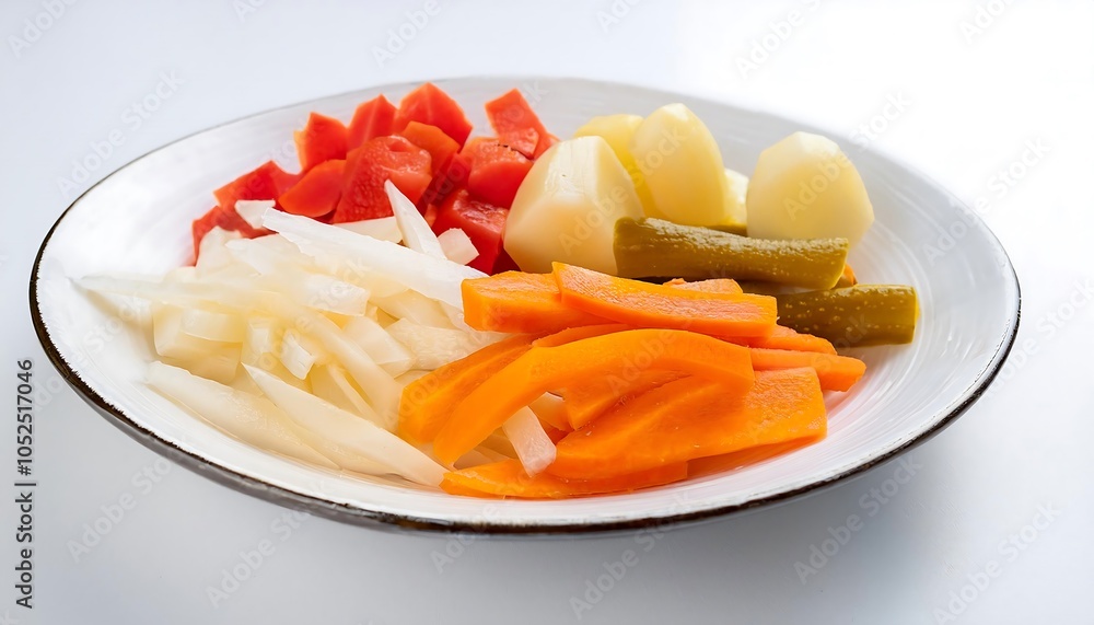 a set of mixed pickles in a plate carrots, Turnip, baby onions, and pepper in a flat white plate a set of mixed pickles in a plate carrots, Turnip, baby onions, and pepper in a flat white plate