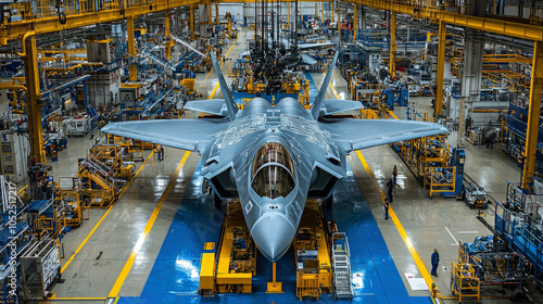 Obraz na płótnie New airplane being built at aerospace factory, secret military aircraft is in assembly shop of plant. Concept of plane, industry, fighter, bomber, war w salonie