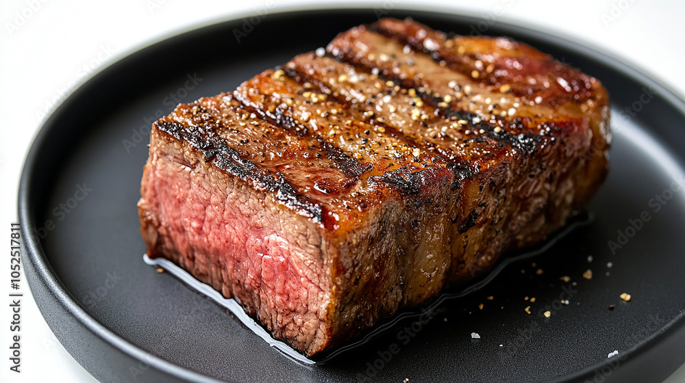 Seared block of meat on black plate with simple white background Seared block of meat on black plate with simple white background