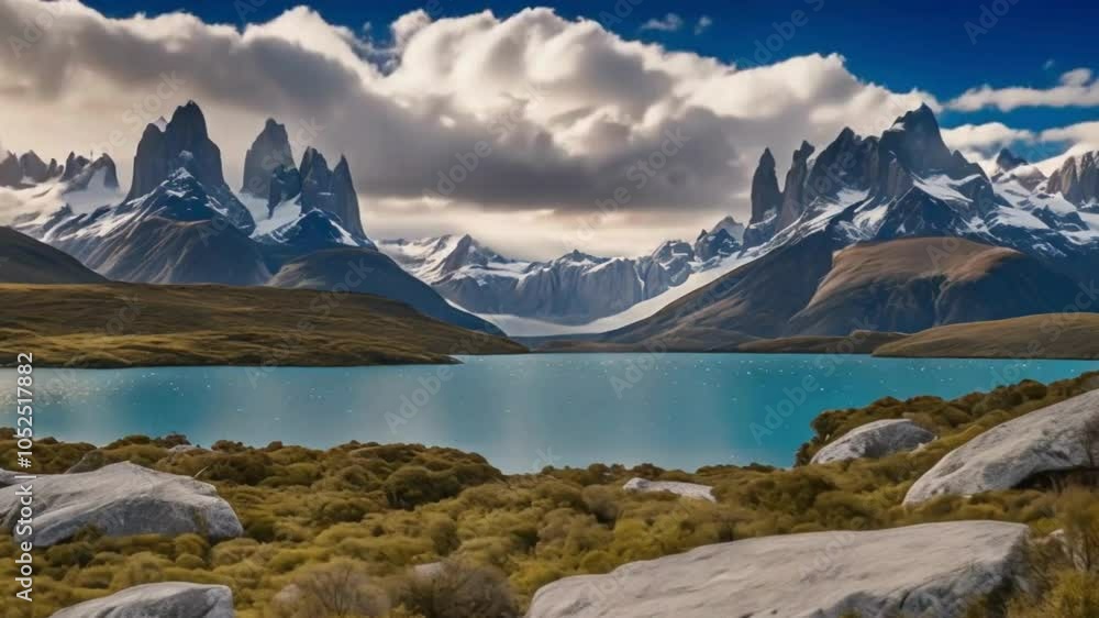 National Park Of Torres Del Paine In Puerto Natales Chile. Snowy Mountains. Glacier Landscape. Puerto Natales Chile. Winter Background. National Park At Torres Del Paine In Puerto Natales Chile.