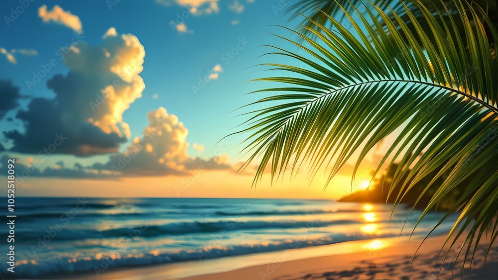 Naklejka premium Palm Leaf at Sunset with Relaxed Mood on Tropical Beach