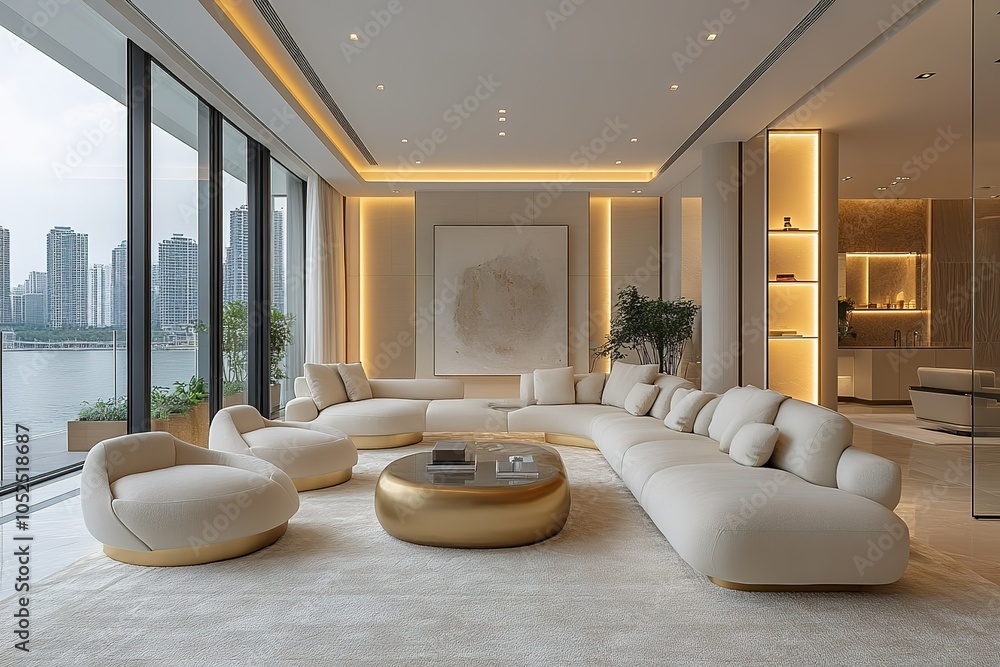 A spacious living room with a view through large windows, featuring plush seating and modern decor. A spacious living room with a view through large windows, featuring plush seating and modern decor.