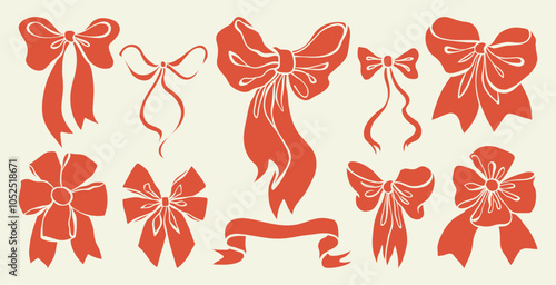 Set of simple hand-drawn gift ribbon bows. Holiday bows for gift wrapping. Red bowknot silhouettes for Christmas, New Year, Valentine's Day cards, wedding invitations, and banners. Vector illustration
