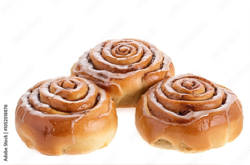 Fototapeta premium Homemade Cinnamon Rolls with Velvety Vanilla Glaze Displayed on a White Background