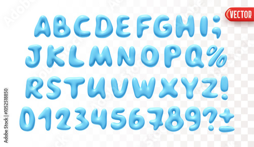 Plastic 3d realistic font liquid shapes blue color. A set of letters and numbers isolated on a white background with a transparency effect. vector illustration