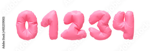 Collection of Inflated balloons numbers from 0 to 4 isolated on a white background. Realistic 3d design. Set of numbers made of rumpled latex material pink soft pastel color. Vector illustration