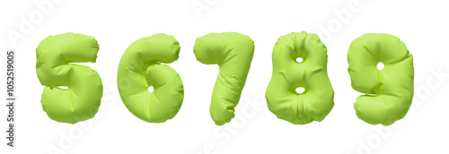 Collection of Inflated balloons numbers from 5 to 9 isolated on a white background. Realistic 3d design. Set of numbers made of rumpled latex material green soft colors. Vector illustration