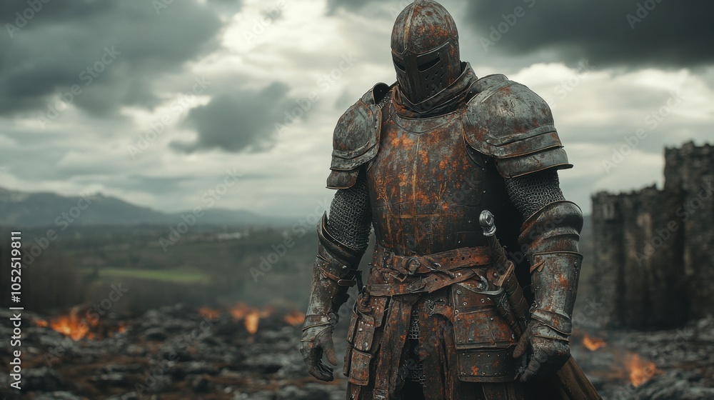 Knight on Battlefield in Dramatic Landscape Knight on Battlefield in Dramatic Landscape