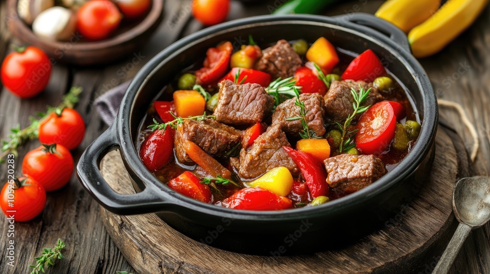 Hearty Vegetable and Beef Stew in Rustic Bowl Hearty Vegetable and Beef Stew in Rustic Bowl