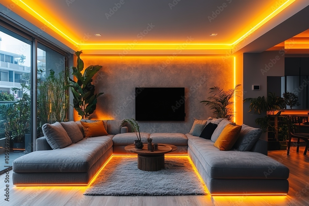 A modern living room bathed in the warm glow of orange LED lights, creating a cozy and inviting atmosphere. A modern living room bathed in the warm glow of orange LED lights, creating a cozy and inviting atmosphere.