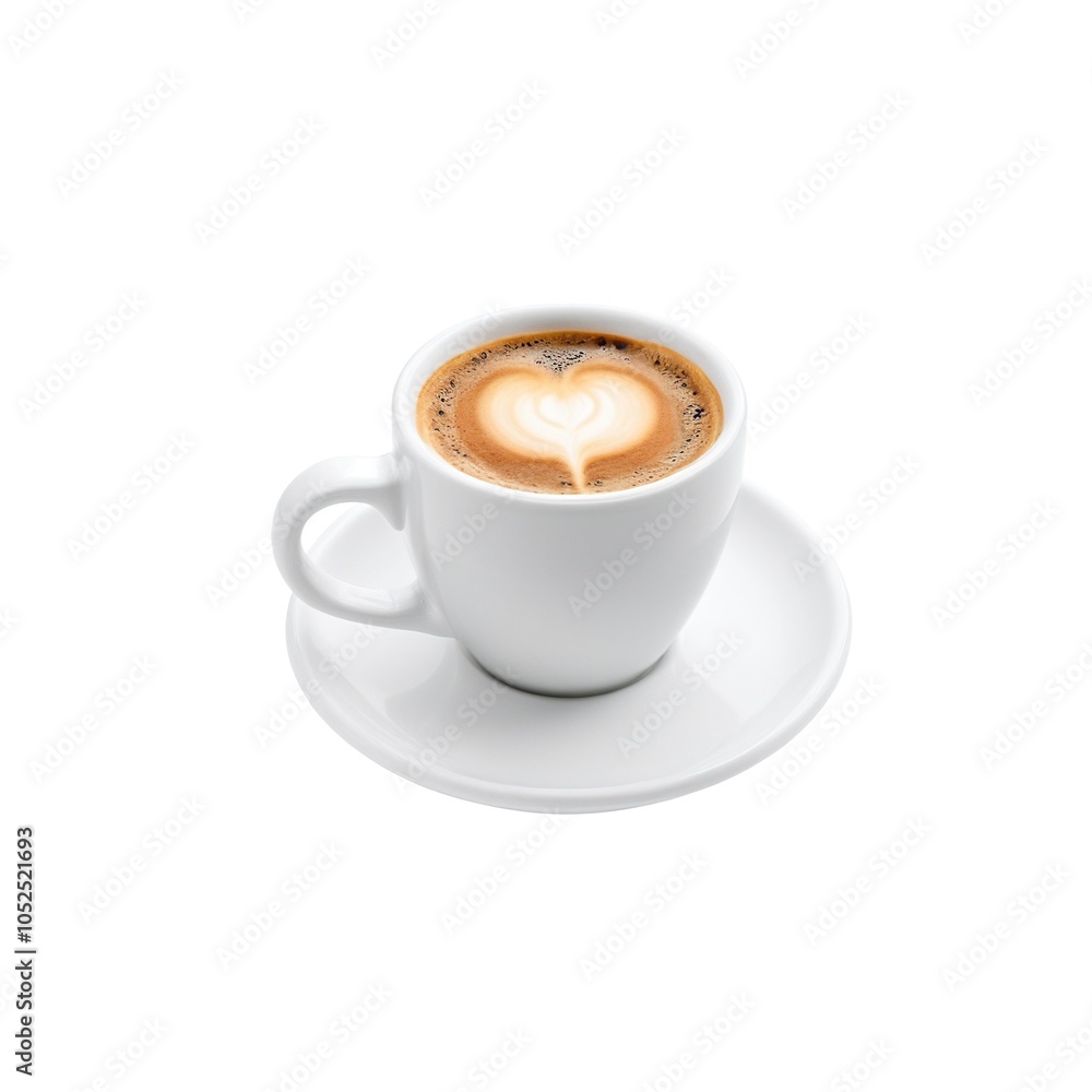 Steaming Fresh Espresso with Heart Latte Art in White Cup on Saucer, Surrounded by Coffee Beans Steaming Fresh Espresso with Heart Latte Art in White Cup on Saucer, Surrounded by Coffee Beans
