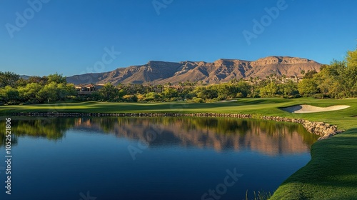 A golf course with a pond in the foreground, mountain range in the background, and a bright blue sky.