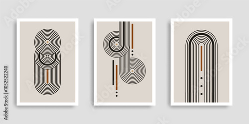 Set of abstract contemporary posters with geometric shapes. Collection of wall art. Modern boho minimalist art. Vector illustration. Design for print poster, cover, business card, wallpaper. Stock.