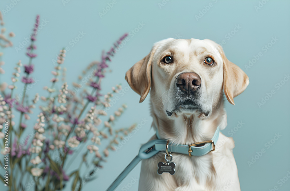 Portrait of a happy Labrador Retriever on a blue background with a blue leash in his teeth Portrait of a happy Labrador Retriever on a blue background with a blue leash in his teeth