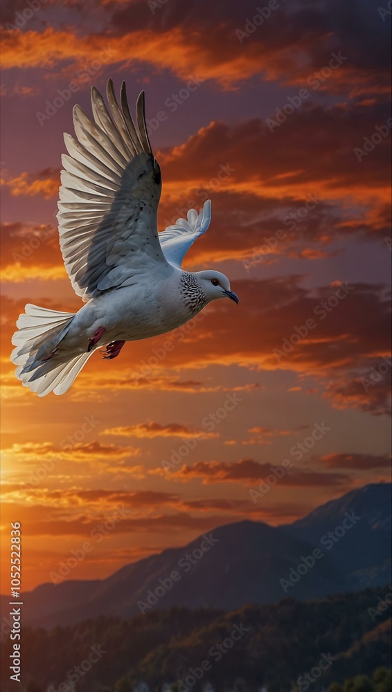 Naklejka premium Majestic dove soaring against a vibrant sunset, symbolizing peace and freedom.