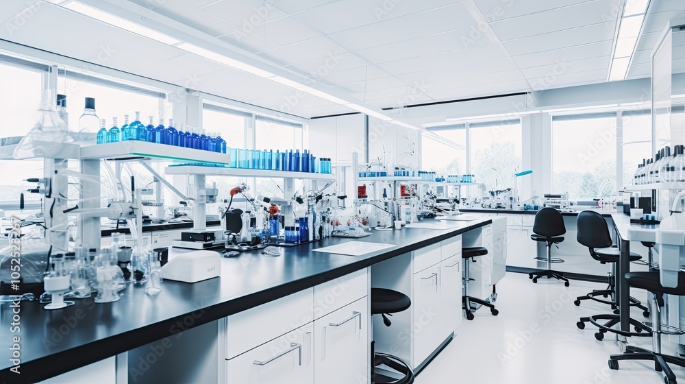 A pristine laboratory equipped with microscopes and technology exudes an atmosphere of scientific discovery and precision. A pristine laboratory equipped with microscopes and technology exudes an atmosphere of scientific discovery and precision.