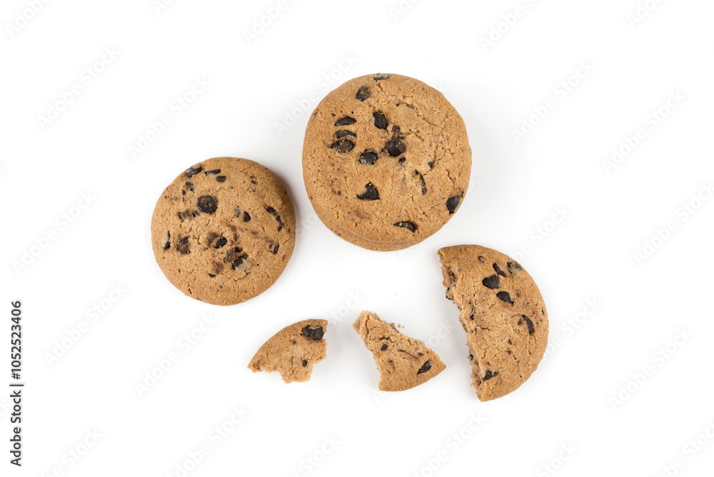 Top view of a singular biscuit chocolate cookie bite with crumbs, isolated on white background Top view of a singular biscuit chocolate cookie bite with crumbs, isolated on white background