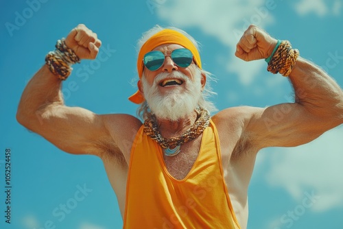 Energetic Senior Celebrating Vibrant Lifestyle Outdoors in Bright Sunshine photo