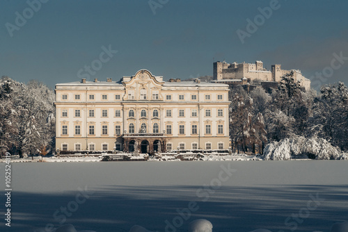 Obraz na płótnie Schloss Leopoldskron palace with Hohensalzburg fortress in winter, Salzburg, Austria w salonie