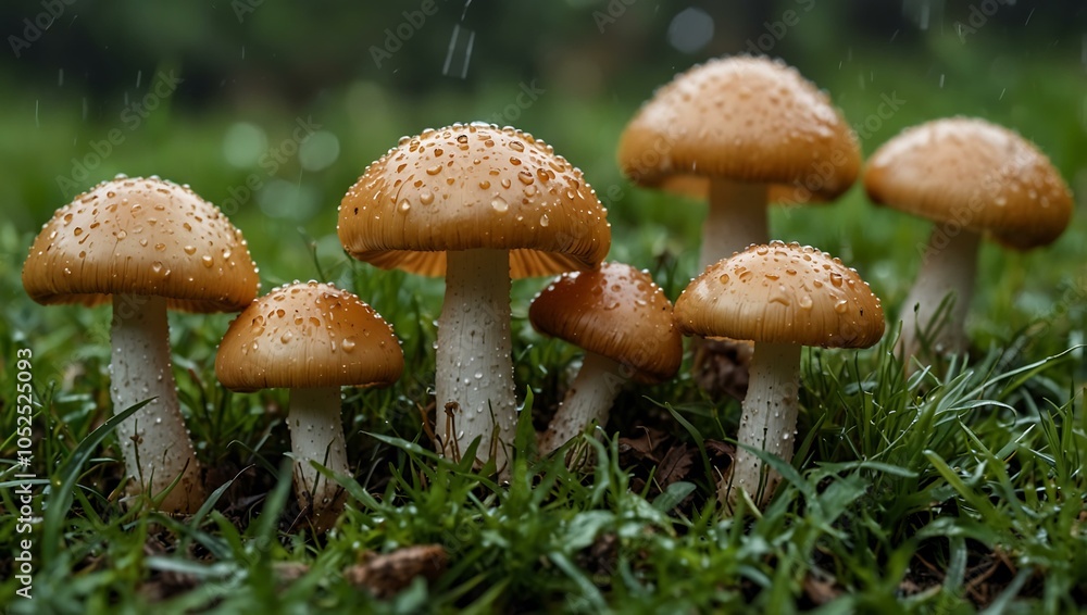 Mushrooms growing on grass after heavy rain Mushrooms growing on grass after heavy rain