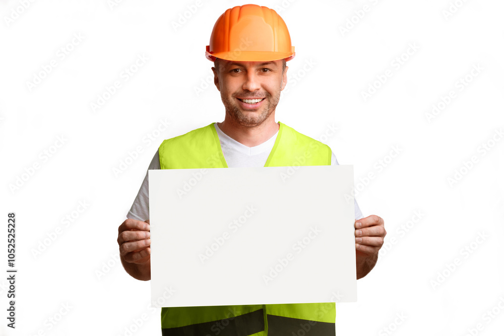 Construction Worker Showing Empty Poster Board Advertising Your Text Posing Standing On White Background In Studio, Smiling To Camera. Professional Builder's Service Advert. Mockup Construction Worker Showing Empty Poster Board Advertising Your Text Posing Standing On White Background In Studio, Smiling To Camera. Professional Builder's Service Advert. Mockup