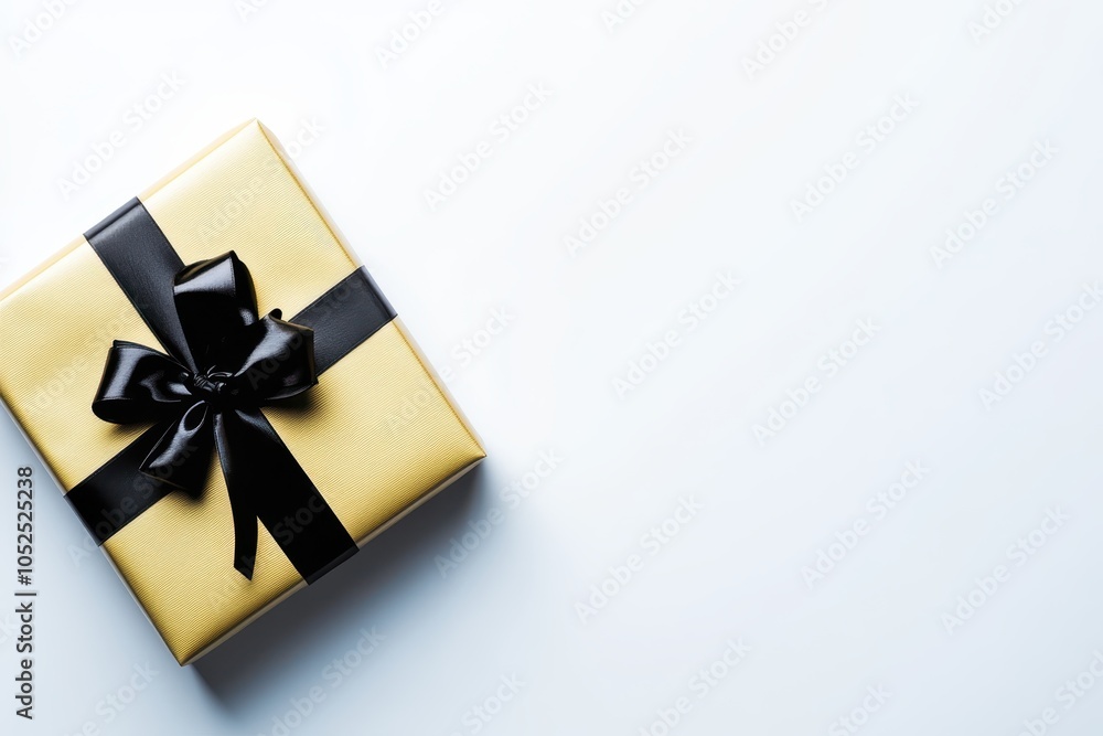 Gold Gift Box with Black Ribbon on White Gold Gift Box with Black Ribbon on White