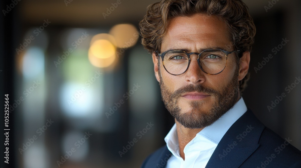 Fototapeta premium Stylish young man with curly hair and glasses poses confidently in a modern indoor setting during the early evening