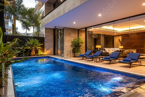 Elegant outdoor pool area in modern villa at twilight