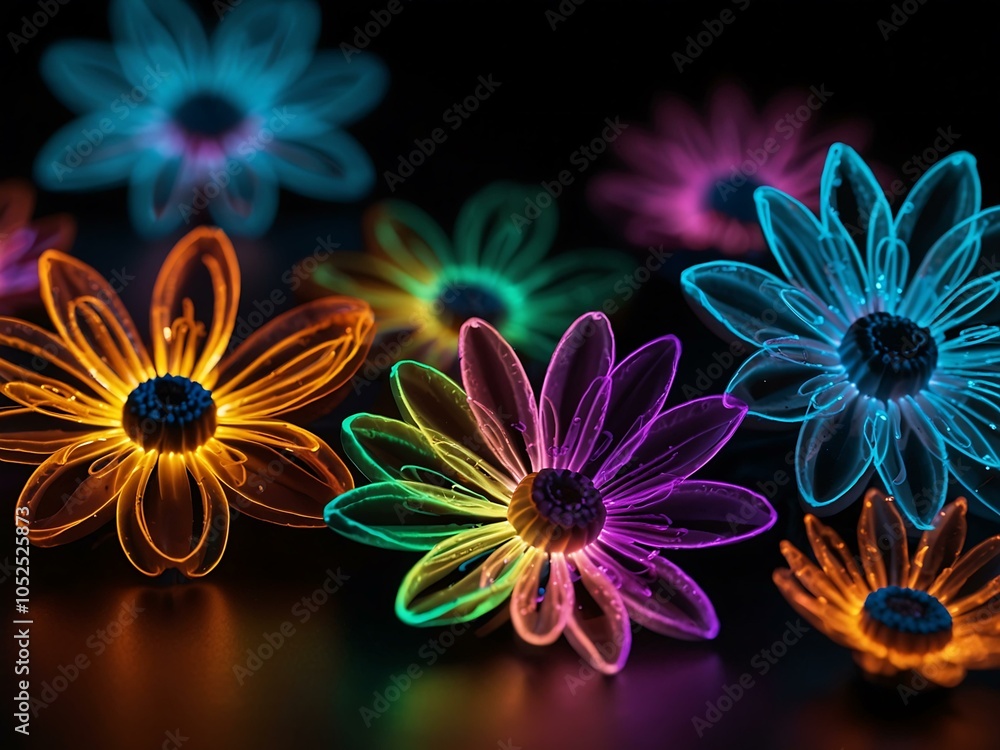 Neon light flower shapes on a black background Neon light flower shapes on a black background