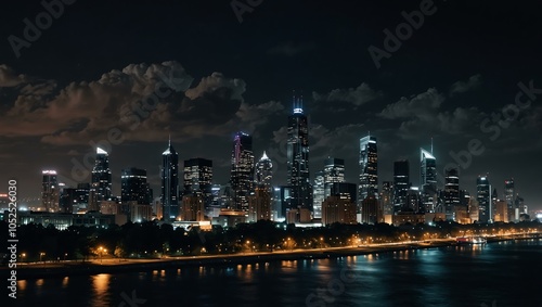 Nighttime city skyline.