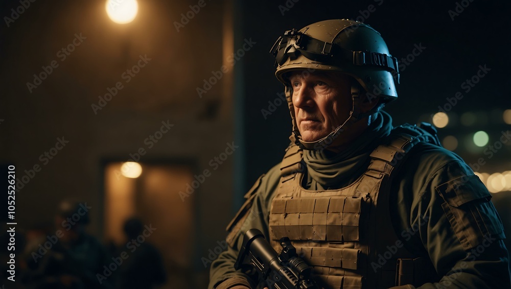 Older soldier in combat armor on a night mission. Older soldier in combat armor on a night mission.