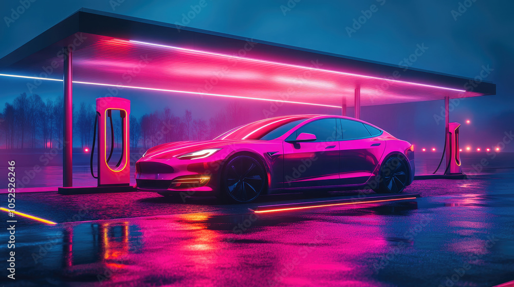 Futuristic Electric Car at Neon-Lit Charging Station on a Rainy Night Futuristic Electric Car at Neon-Lit Charging Station on a Rainy Night
